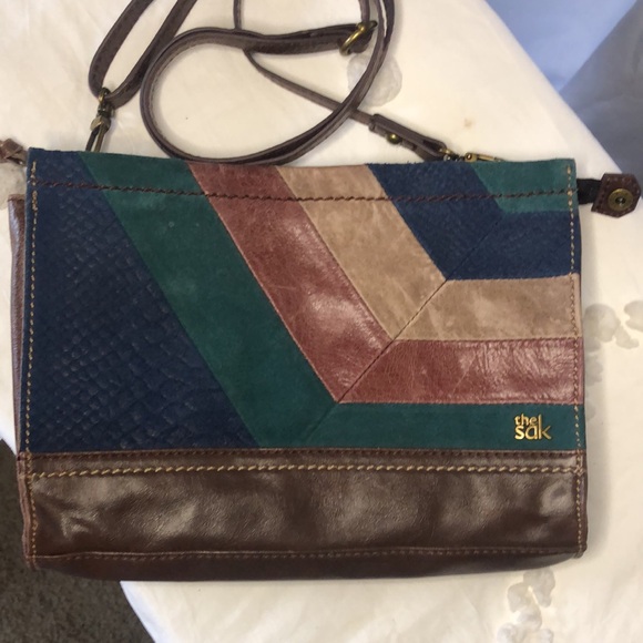 THE SAK brown, green,and blue leather and suede shoulder bag. Detachable straps. - Picture 12 of 12